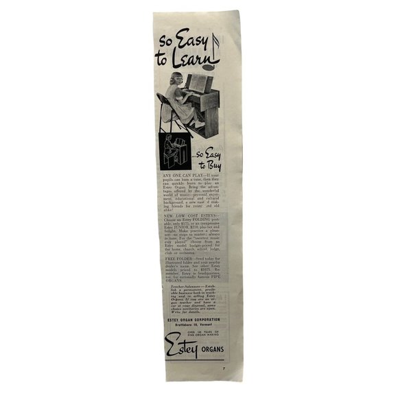 Other - Estey Organ Vintage Print Ad 1952 Junior Model Vermont